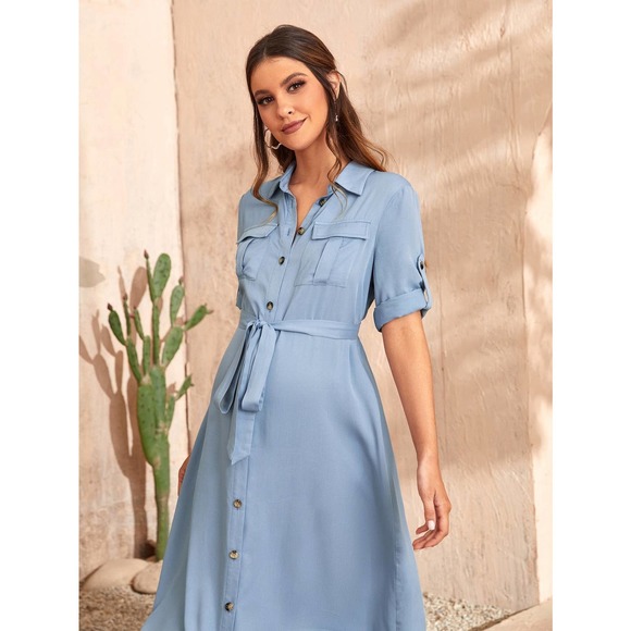Maternity Roll Tab Sleeve Flap Pocket Belted button down shirt Dress light blue - Picture 5 of 5